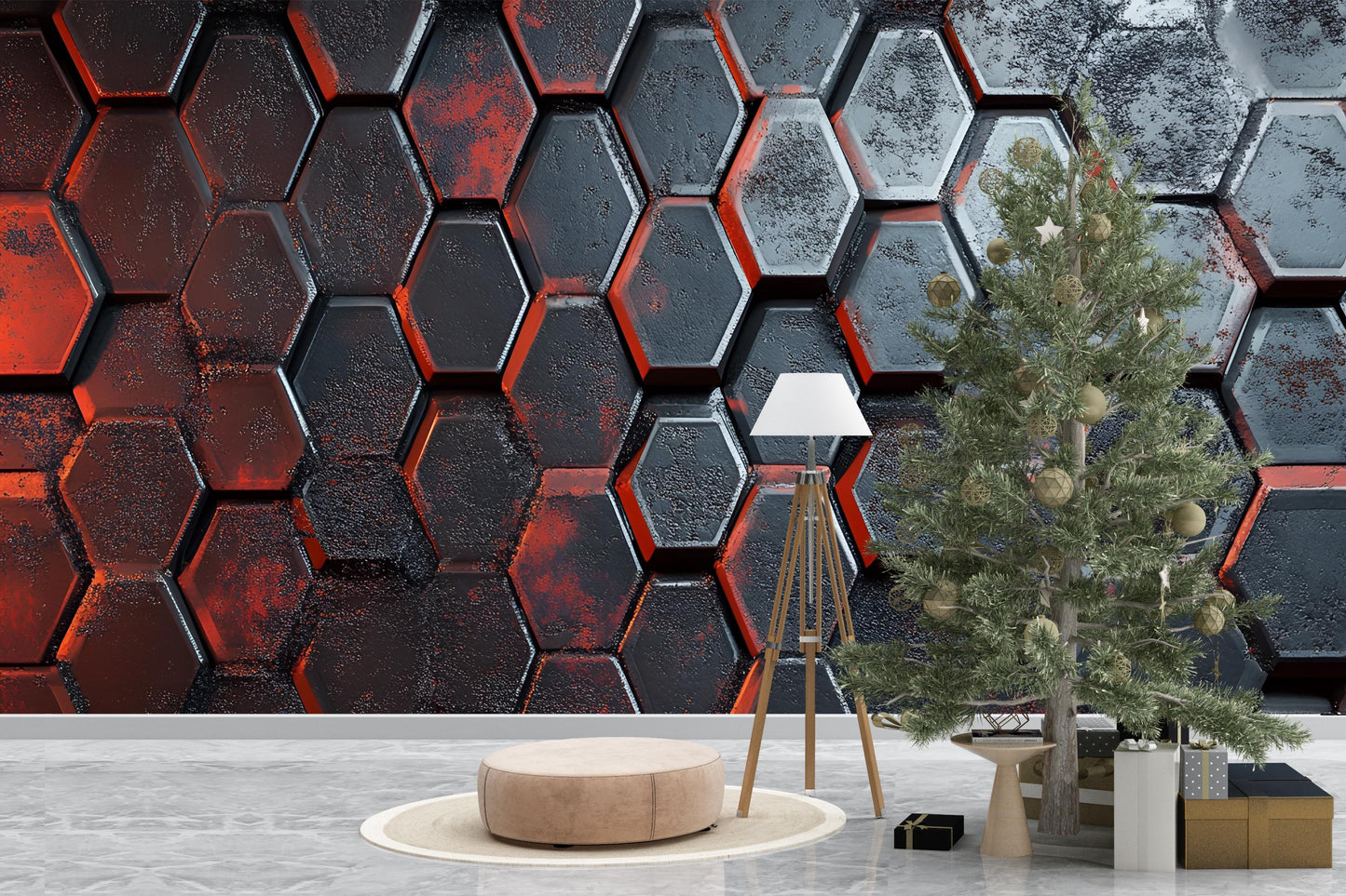Modern 3D Hexagon Wall Mural | Industrial Geometric Wallpaper | Black & Red Textured Art Vn589