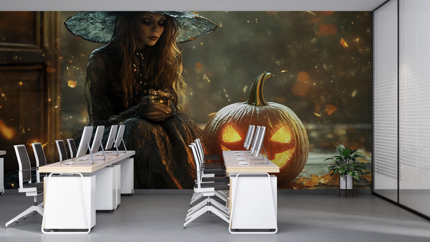 Witch and Jack-o’-Lantern Wall Mural – Spooky Halloween Wallpaper for Party or Store Decor Vn789
