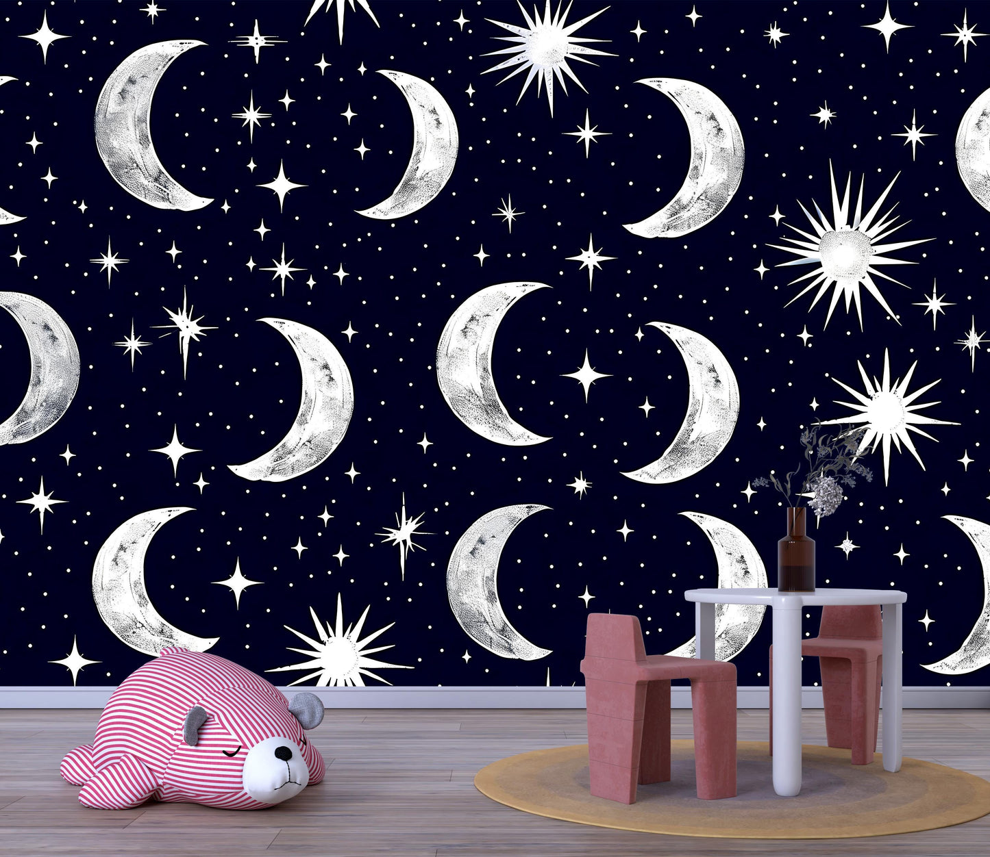 Crescent Moon Wallpaper – Starry Night Sky Wall Mural for Bedroom or Nursery Decor Vn1014