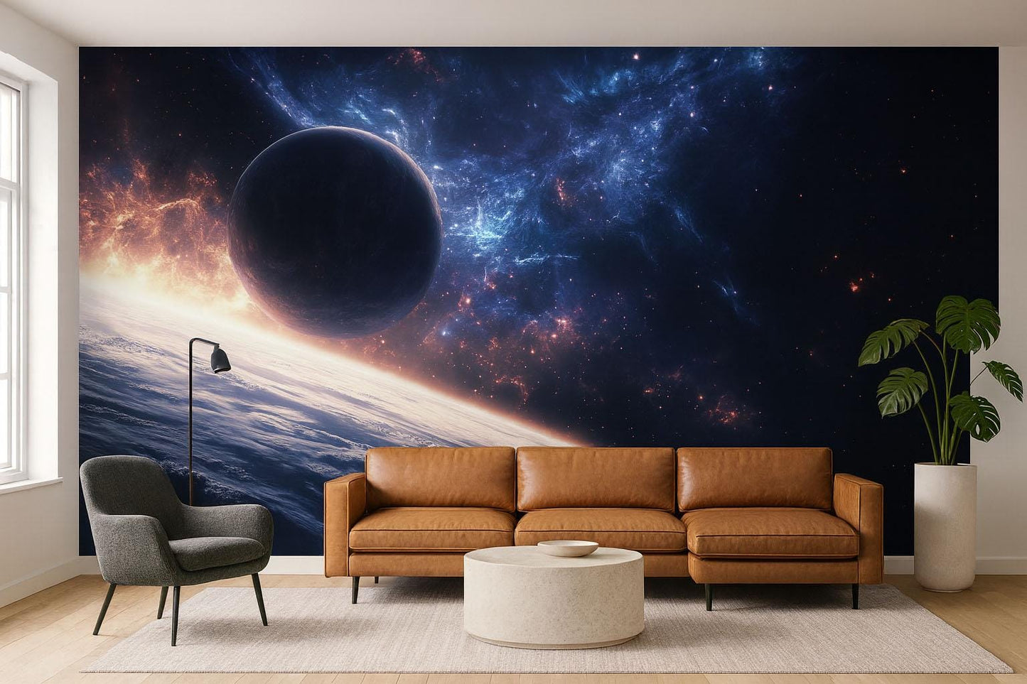 Space Planet Wall Mural – Galaxy Wallpaper with Stars & Nebula, Cosmic Accent Wall for Living Room or Bedroom Vn865