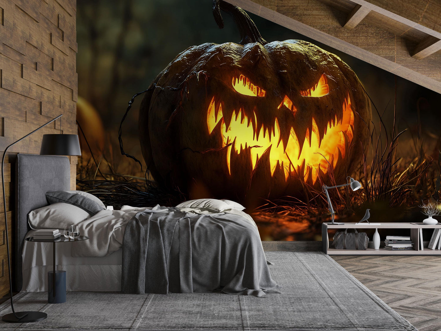 Scary Jack-O’-Lantern Wall Mural – Creepy Halloween Horror Pumpkin Art Vn795