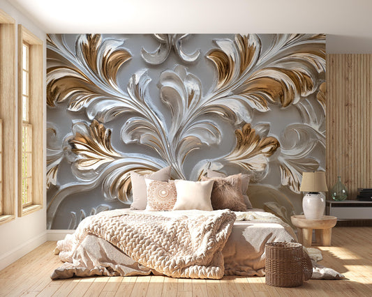3D Baroque Floral Wall Mural, Elegant Gold & Silver Bedroom Art Decor Vn590