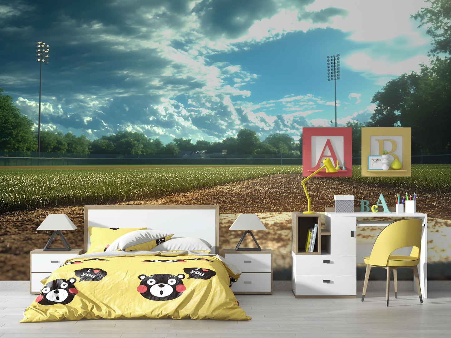 Baseball Field Wall Mural – Sports Themed Wallpaper for Boys Room or Man Cave – Stadium Sunset Large Wall Art Decor Vn525