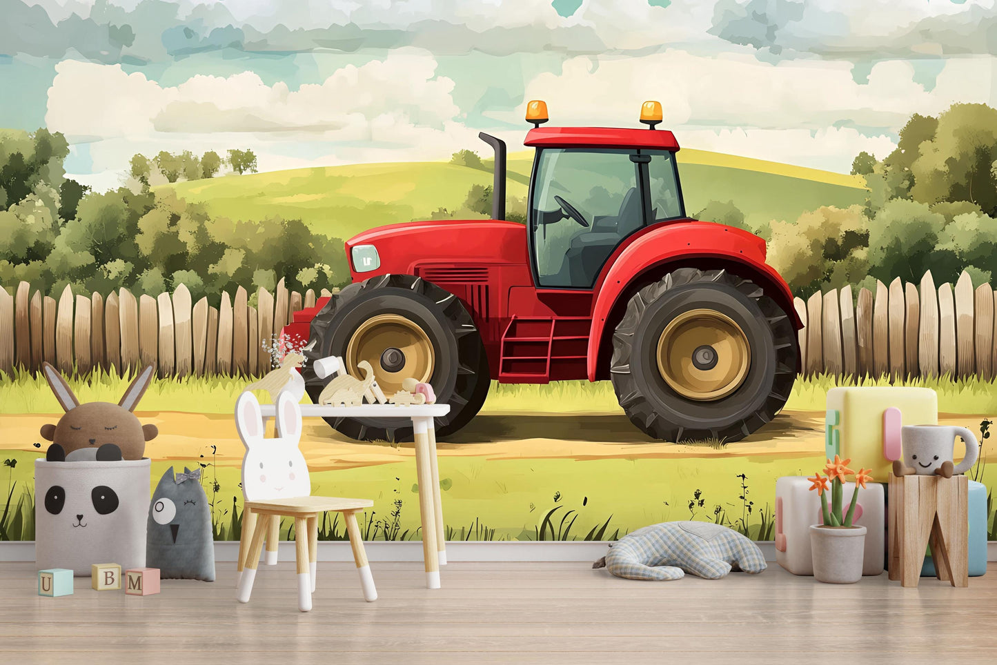 Red Tractor Kids Wall Mural – Farm Scene Wallpaper for Nursery or Playroom – Boys Room Decor – Country Landscape Wall Art Vn624
