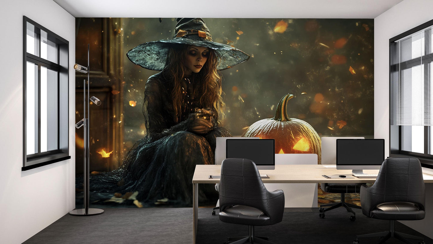 Witch and Jack-o’-Lantern Wall Mural – Spooky Halloween Wallpaper for Party or Store Decor Vn789