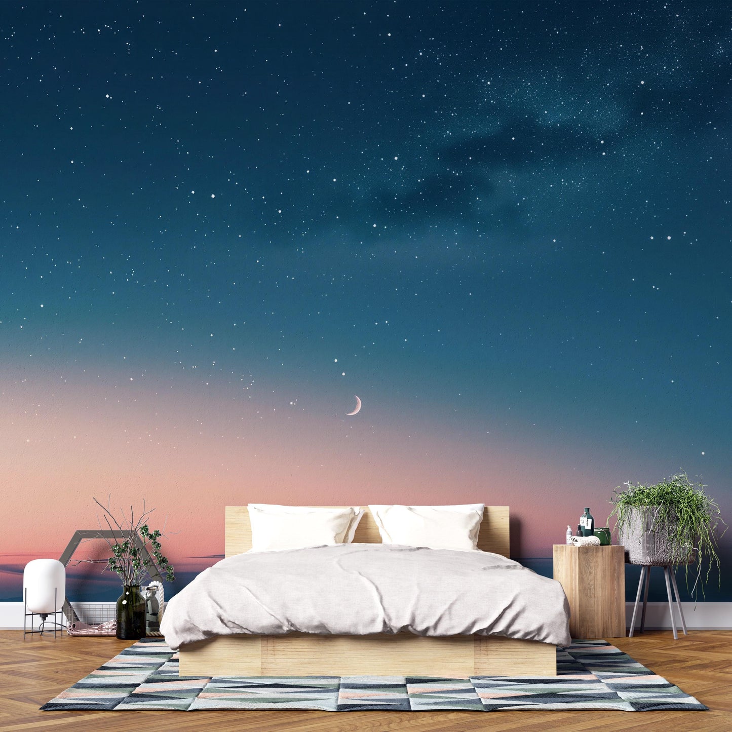 Starry Night Sky Wall Mural – Moon and Galaxy Wallpaper, Cosmic Accent Wall Decor for Bedroom, Living Room or Meditation Space  Vn1078