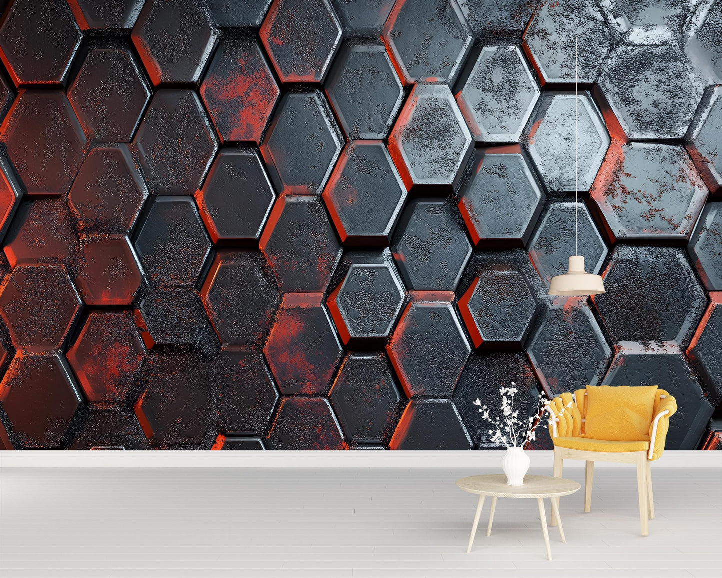 Modern 3D Hexagon Wall Mural | Industrial Geometric Wallpaper | Black & Red Textured Art Vn589