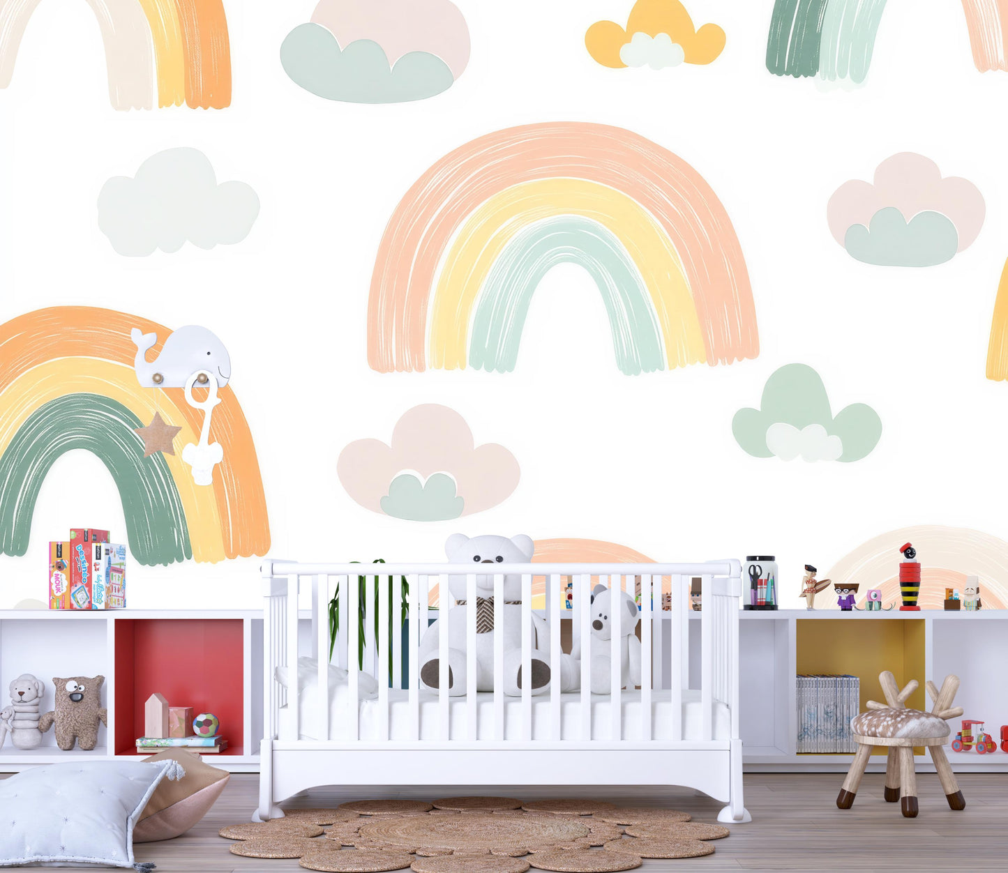 Rainbow Wall Mural – Hand Painted Pastel Clouds Wallpaper for Nursery & Kids Room Vn983