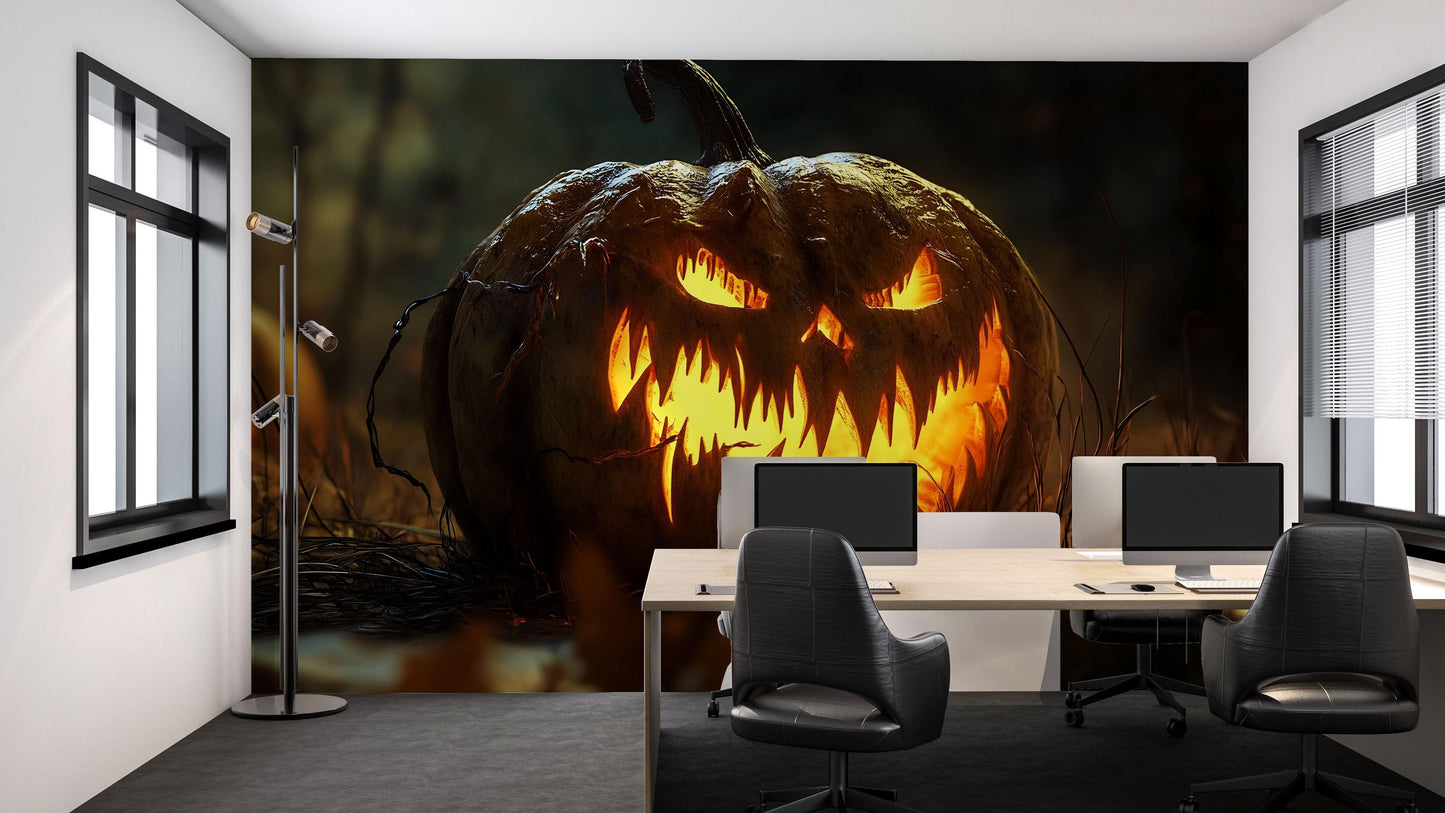 Scary Jack-O’-Lantern Wall Mural – Creepy Halloween Horror Pumpkin Art Vn795