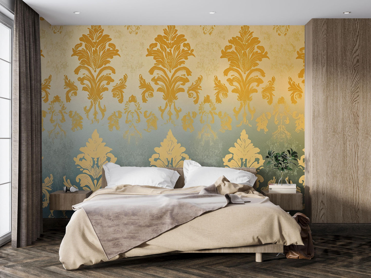 Luxury Damask Wallpaper – Gold & Sage Gradient Wall Mural for Elegant Bedroom Décor Vn633