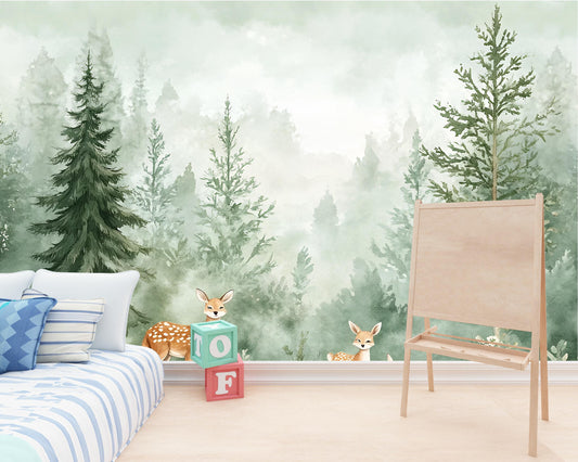 Woodland Deer Forest Wall Mural – Nursery Wallpaper for Kids Room, Removable Peel & Stick Animal Wall Art Vn263