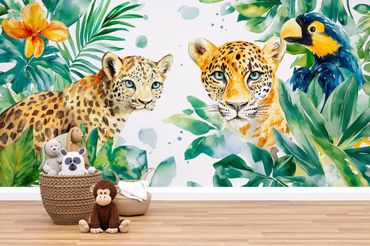 Safari Jungle Wall Mural - Baby Room Leopard Wallpaper - Tropical Animal Nursery Decor Vn338