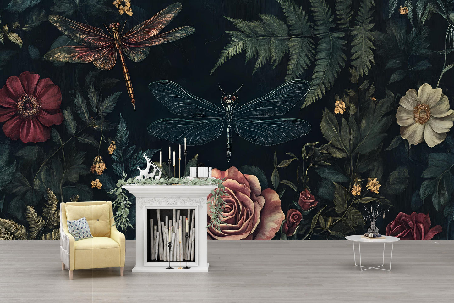 Dark Botanical Wall Art – Vintage Dragonfly & Roses Print Vn954