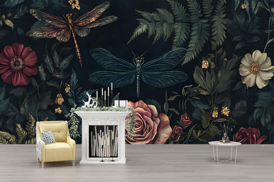 Dark Botanical Wall Art – Vintage Dragonfly & Roses Print Vn954