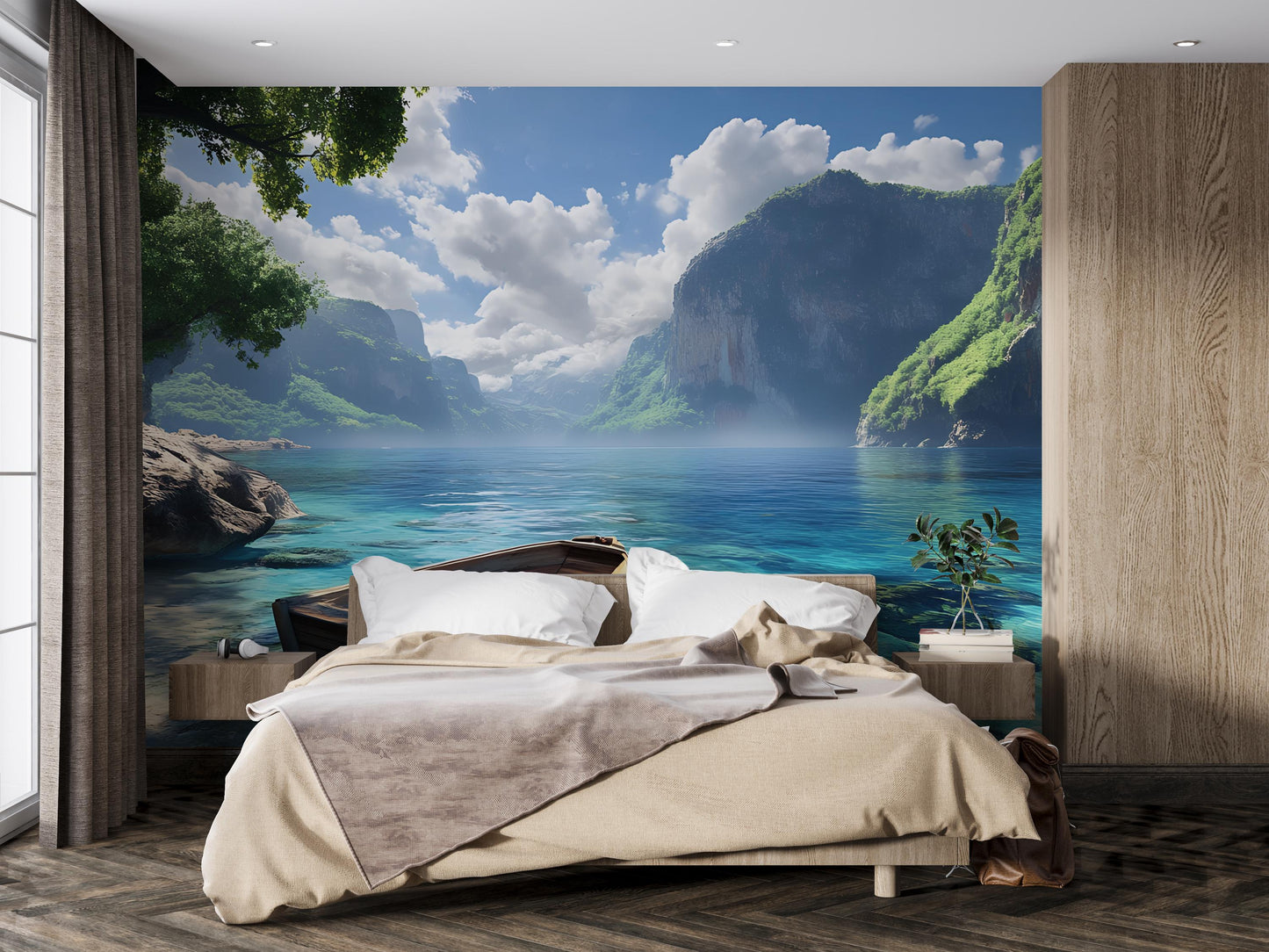 Scenic Lake Mountain Wall Mural for Bedroom | Nature Landscape Wallpaper | Tranquil Lake Wall Art | Serene Retreat Wall Decor Vn573