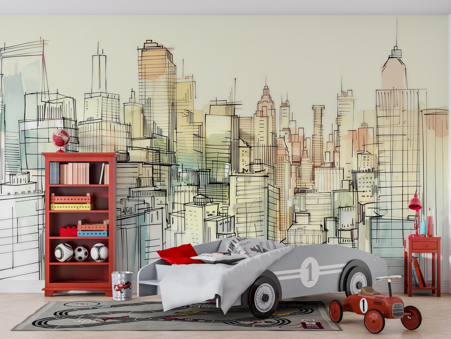 City Sketch Wall Mural – Urban Skyline Line Art Wallpaper, Modern Accent Wall Decor for Bedroom, Office or Kids Room Vn1069