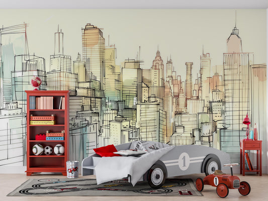 City Sketch Wall Mural – Urban Skyline Line Art Wallpaper, Modern Accent Wall Decor for Bedroom, Office or Kids Room Vn1069