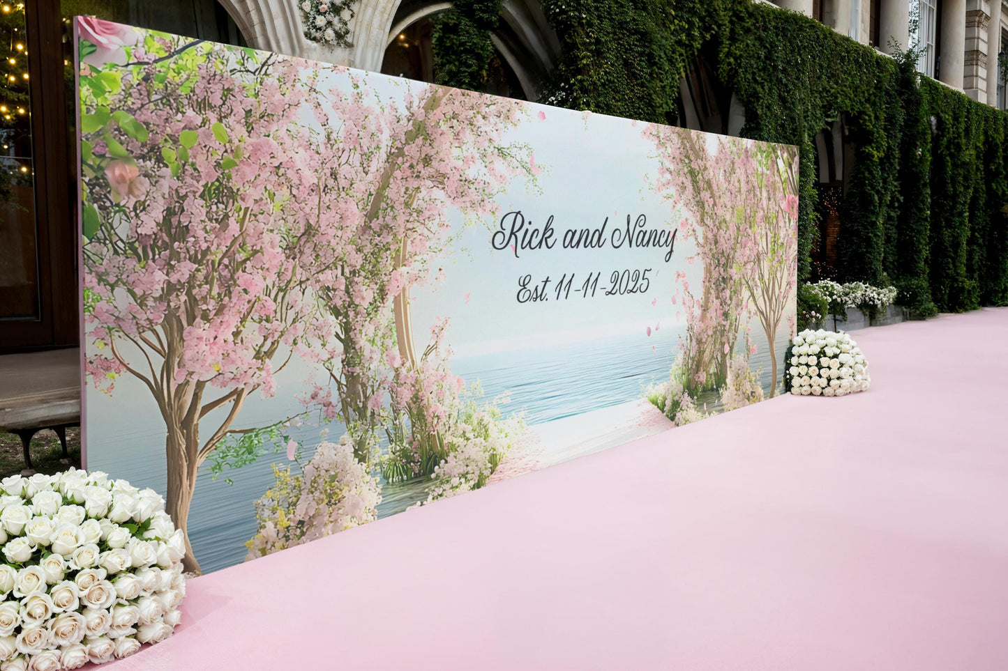 Romantic Wedding Backdrop with Names & Date – Cherry Blossom Arch Decor Vn511