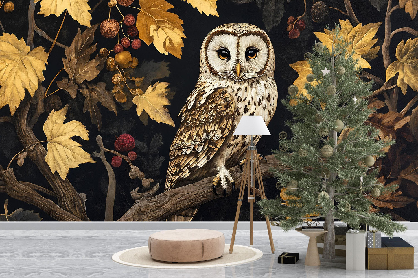 Autumn Owl Wall Mural – Dark Forest Wallpaper, Cozy Nature Room Decor Vn496