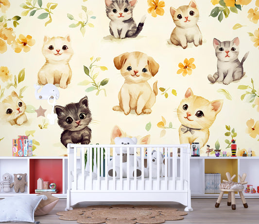 Cute Kitten Puppy Nursery Wallpaper – Watercolor Animal Wall Mural for Baby Room Vn319