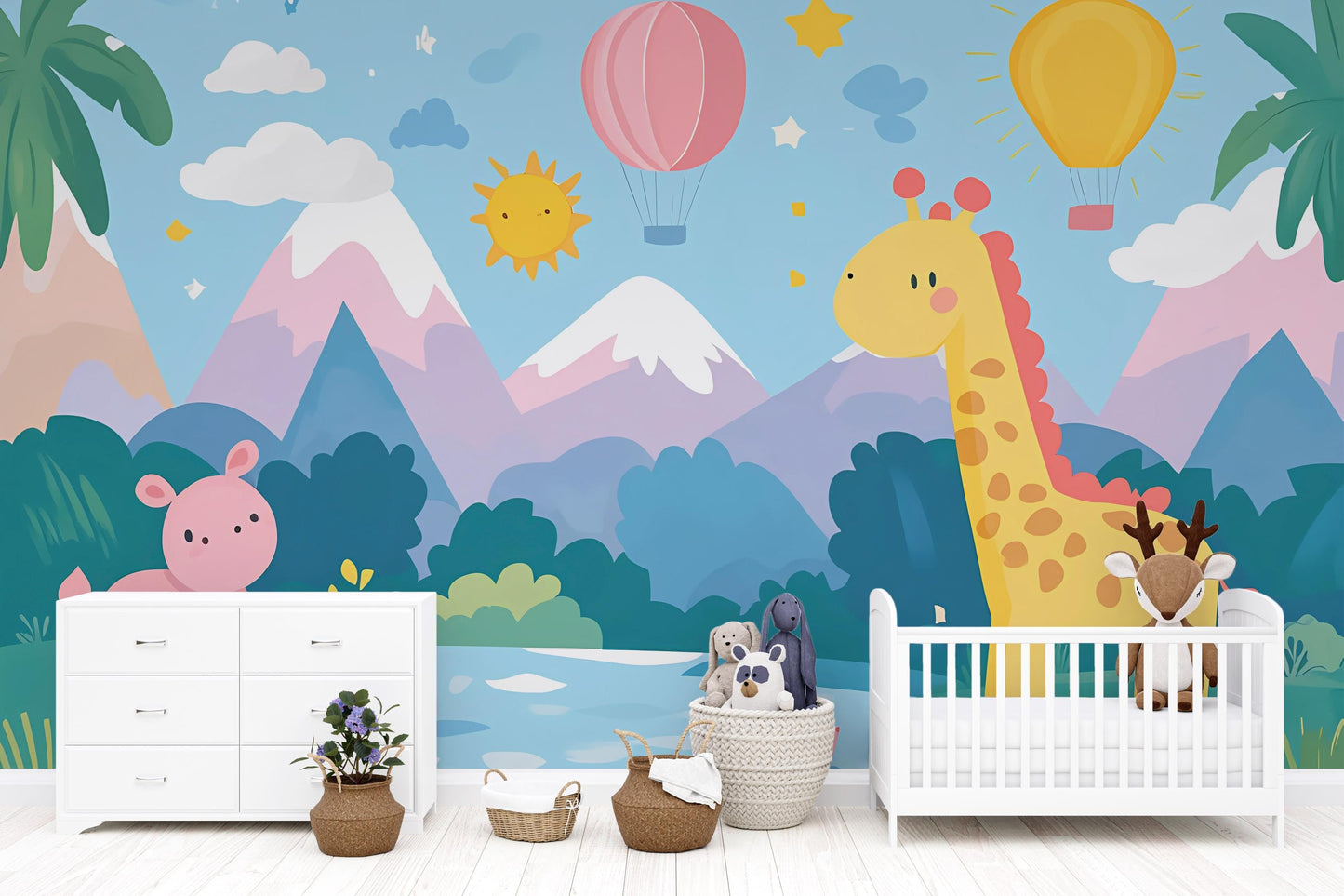 Colorful Jungle Safari Animal Nursery Wall Mural – Giraffe, Elephant, and Hot Air Balloons – Baby Room Wallpaper Art Print Vn435