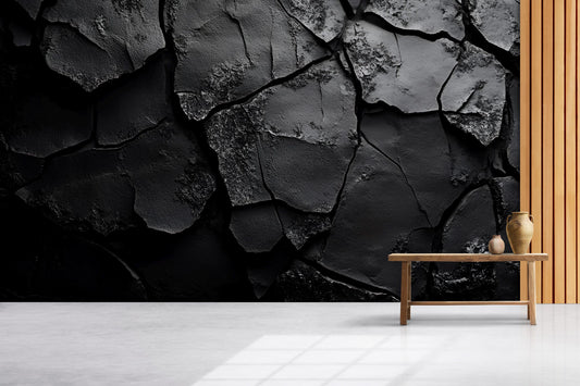 Modern Cracked Black Wall Mural | Textured Abstract Wallpaper | Luxury 3D Look Accent Wall Art for Living Room or Office Vn244