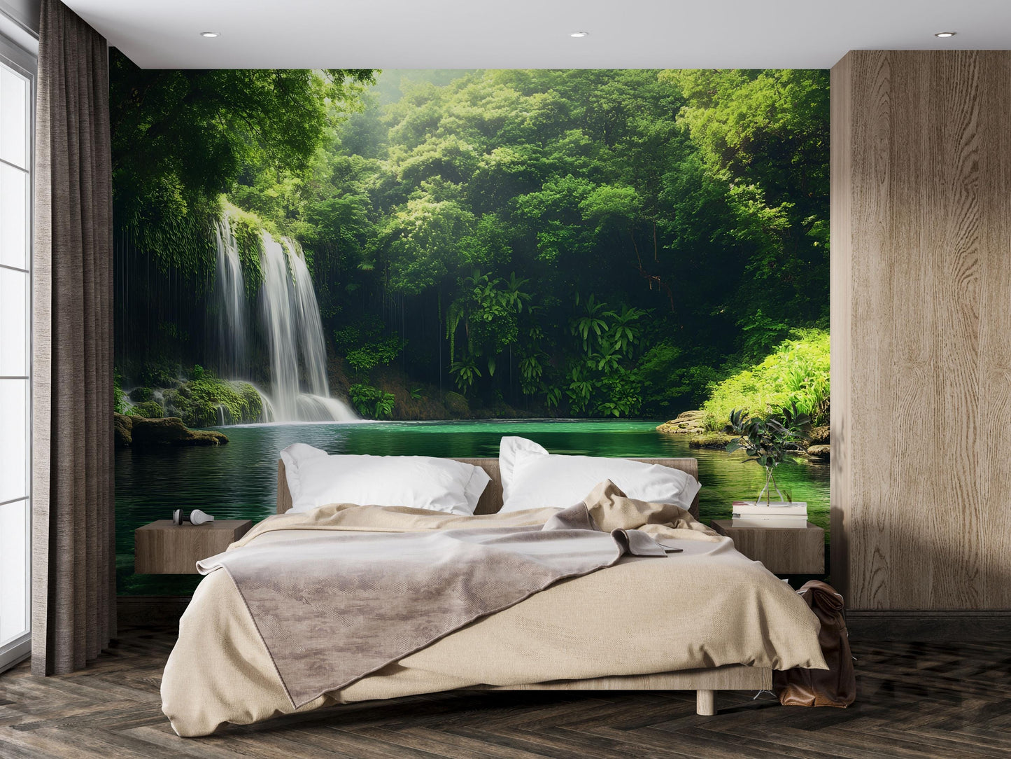 Waterfall Forest Wall Mural | Tranquil Nature Scene for Bedroom Decor | Lush Jungle Wall Art | Scenic Green Landscape Wallpaper Vn690