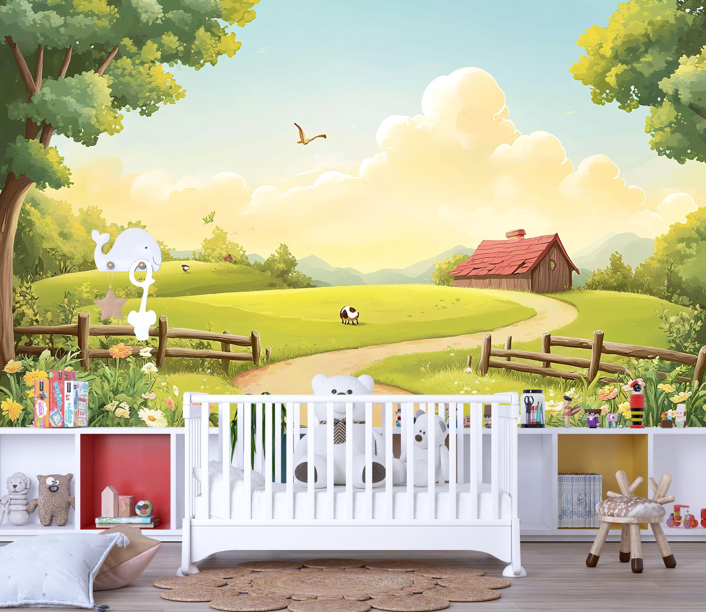 Whimsical Farm Animal Nursery Wall Mural – Pastoral Landscape Baby Room Wallpaper – Cartoon Country Wall Art for Kids Room Decor Vn621