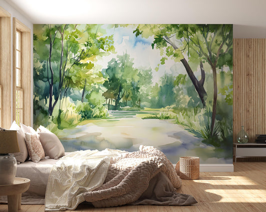 Watercolor Forest Wall Mural – Nature Path Wall Art – Scenic Green Tree Wallpaper – Bedroom Accent Wall Décor Vn551