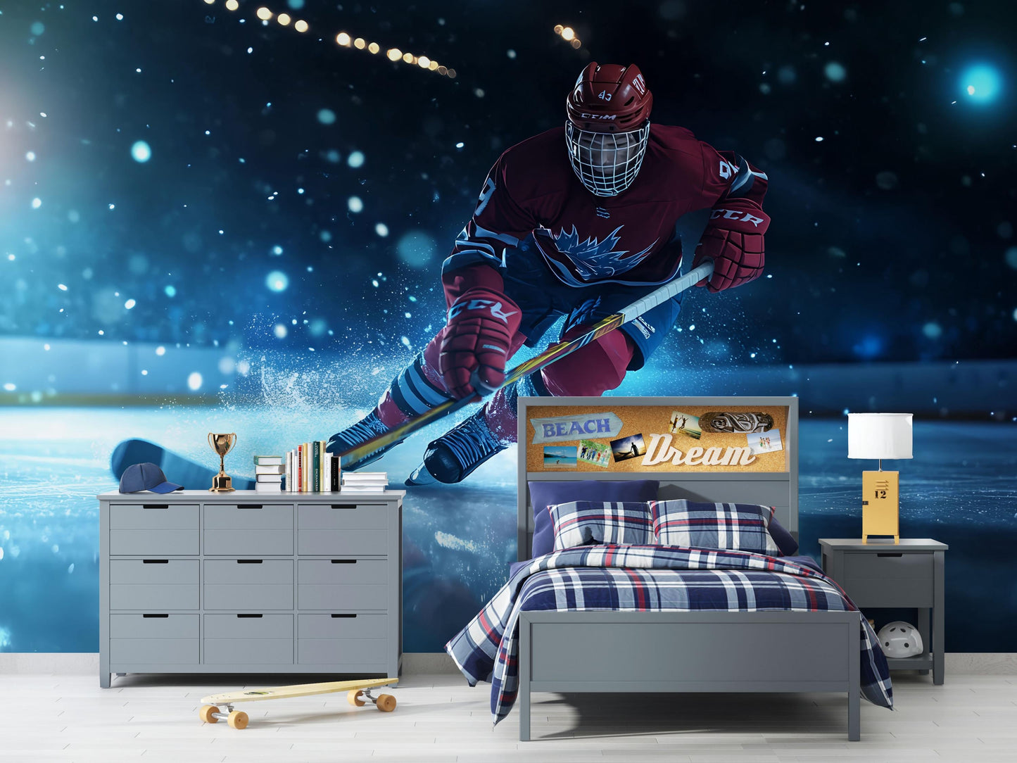 Ice Hockey Player Wall Mural – Boys Sports Wallpaper, Teen Bedroom & Game Room Decor Vn881