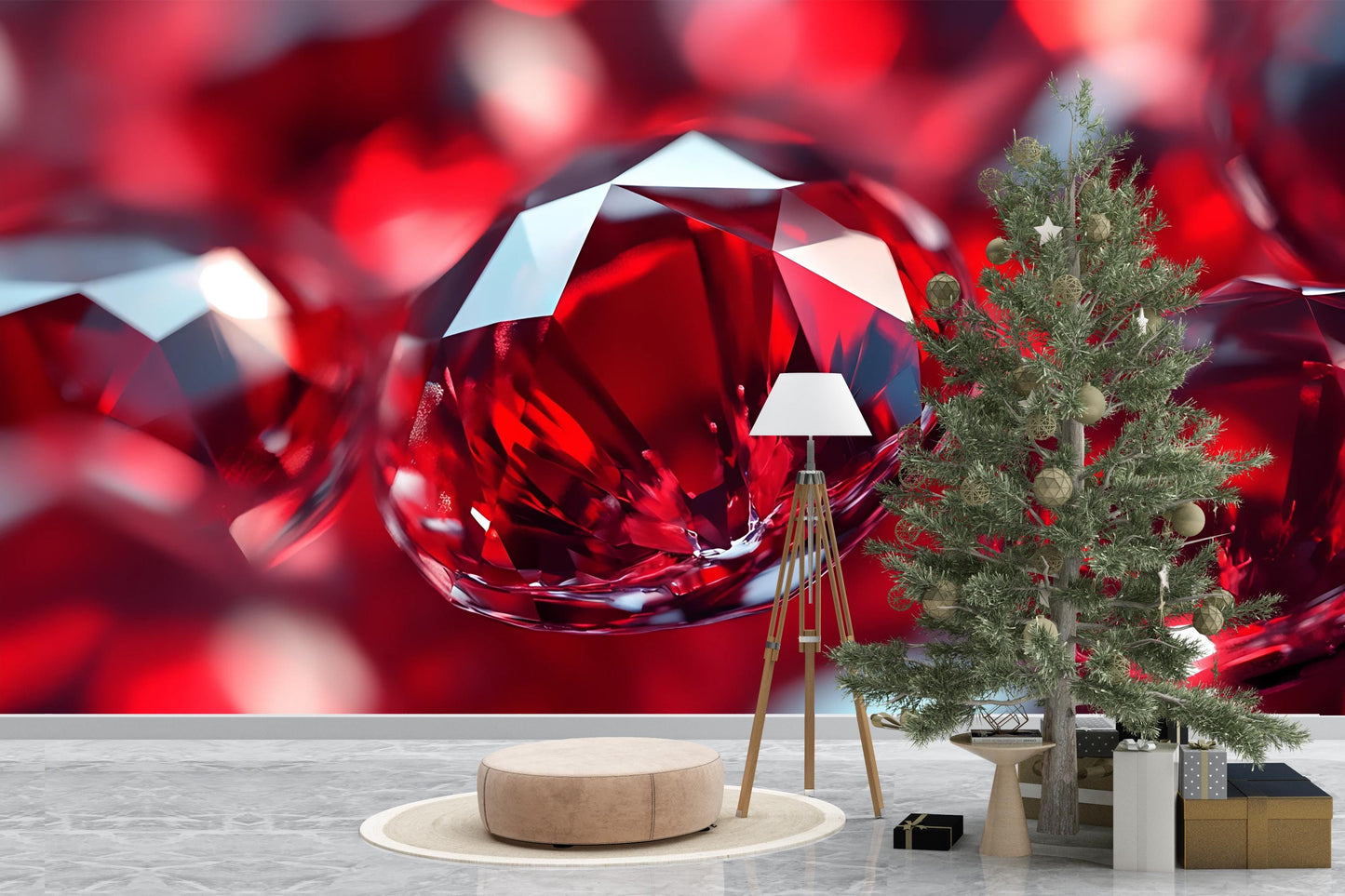 Ruby Gemstone Wall Art – Red Crystal Close-Up Mural for Luxe Interiors, Gem Theme Wallpaper, Modern Luxury Wall Decor Vn585