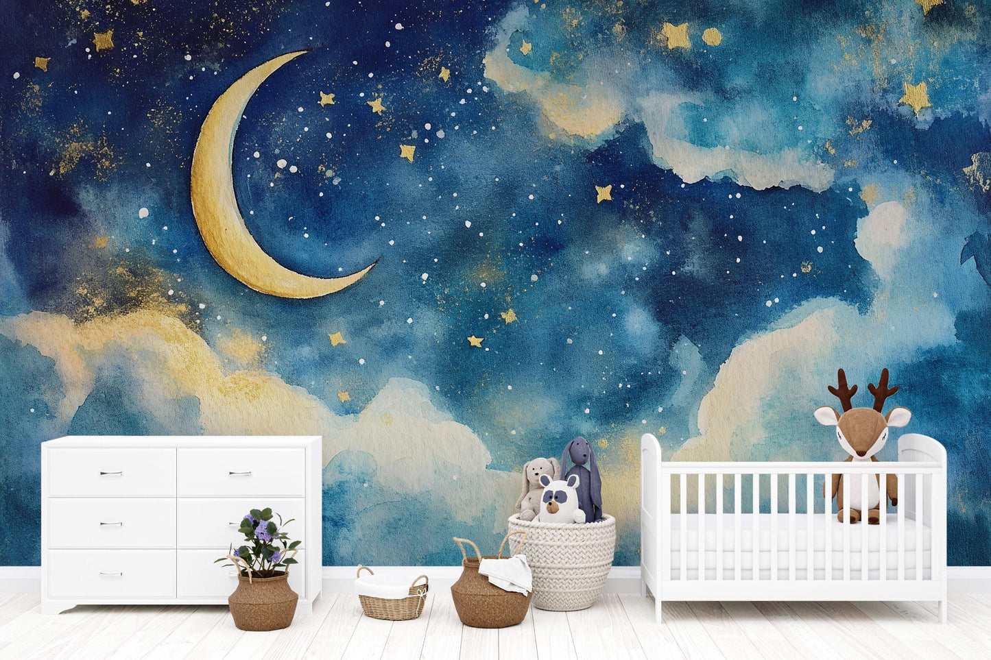 Crescent Moon Wall Mural – Starry Sky Nursery Wallpaper, Dreamy Cloud Accent Wall for Kids Room or Baby Nursery Vn855