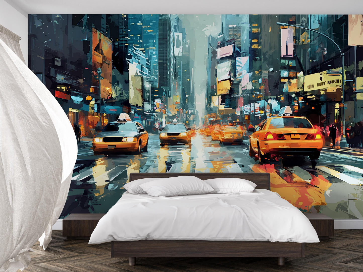 NYC Taxi Street Wall Mural – Urban Rain Cityscape Art for Bedroom or Loft Décor Vn368