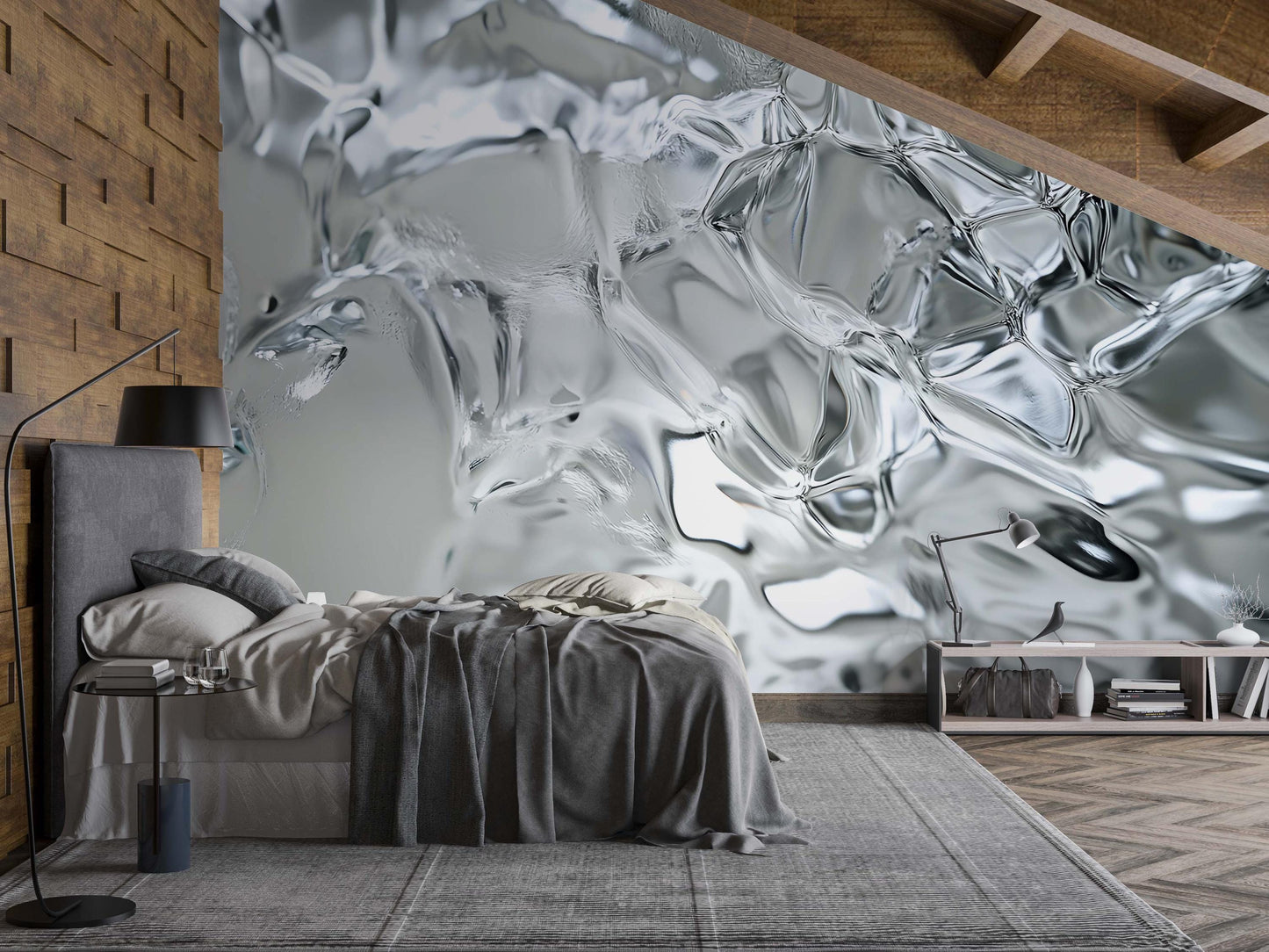 Modern Abstract Ice Texture Wall Mural – Silver Grey 3D Effect Wallpaper for Bedroom or Living Room  Vn743