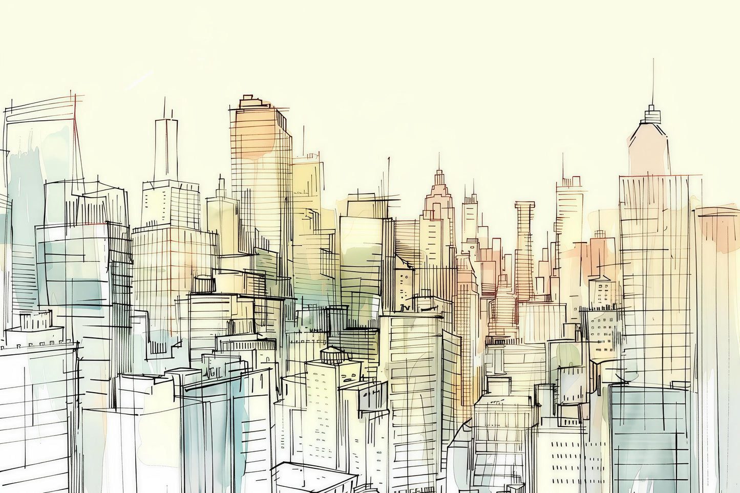 City Sketch Wall Mural – Urban Skyline Line Art Wallpaper, Modern Accent Wall Decor for Bedroom, Office or Kids Room Vn1069