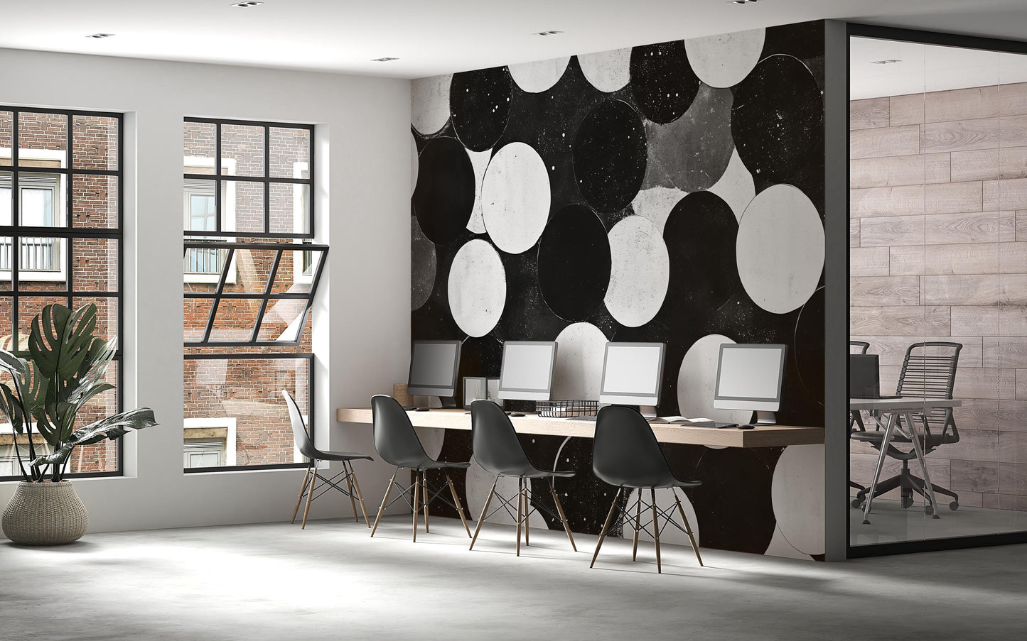 Black and White Circle Wall Mural – Modern Geometric Wallpaper, Bold Accent Wall for Office or Living Room Vn848