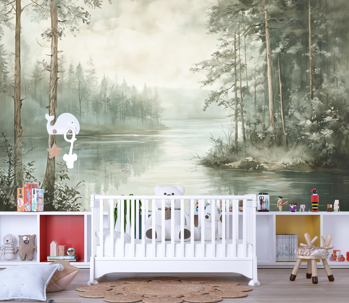 Misty Forest Lake Wall Mural – Nature Landscape Wallpaper Vn972