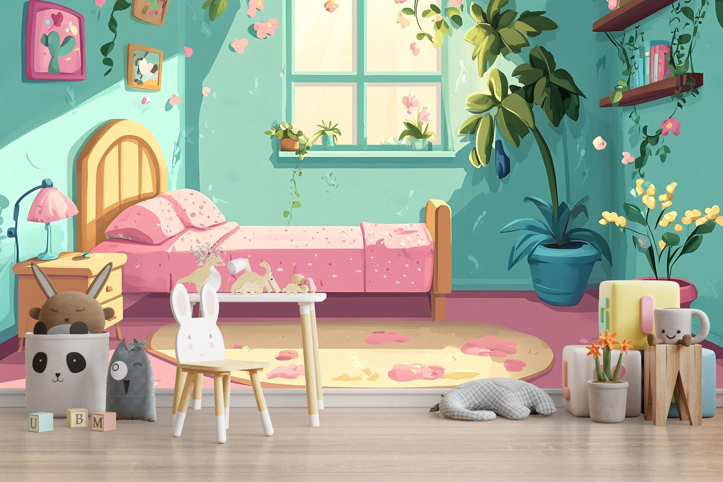Whimsical Girls Room Wall Mural – Pink Floral Garden Bedroom Decor, Indoor Nature Scene Art Vn440
