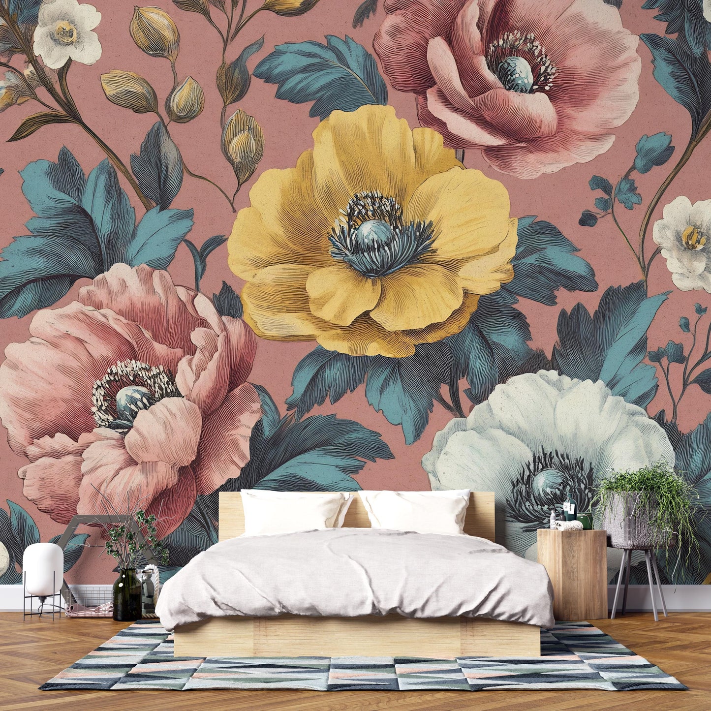 Vintage Floral Wall Mural – Large Botanical Flowers Wallpaper Vn1023