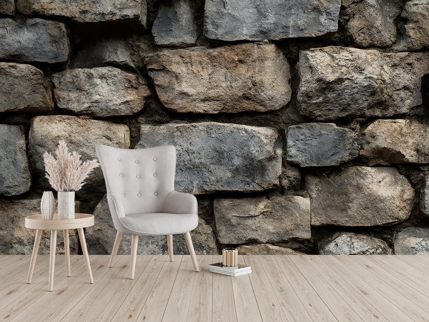 Rustic Stone Wall Backdrop, Cozy Armchair & Table Scene, Modern Farmhouse Decor, Scandinavian Interior Photo, Digital Download Vn587