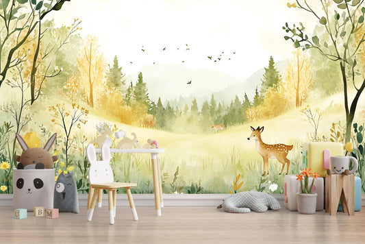 Woodland Forest Nursery Wall Mural – Nature Themed Wallpaper for Baby Room, Gender Neutral Scenic Wall Art Vn261