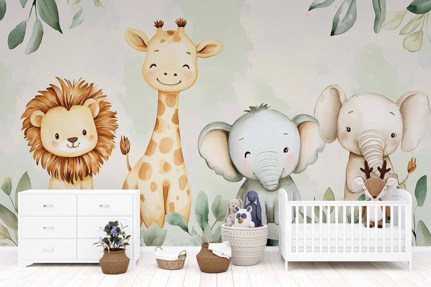 Safari Jungle Wall Mural – Cute Lion Giraffe Elephant Nursery Wallpaper Vn990