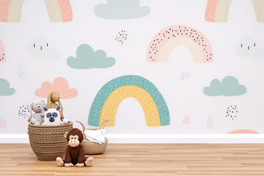 Pastel Rainbow Wall Mural – Kids Room Wallpaper with Cute Clouds for Nursery Decor Vn982