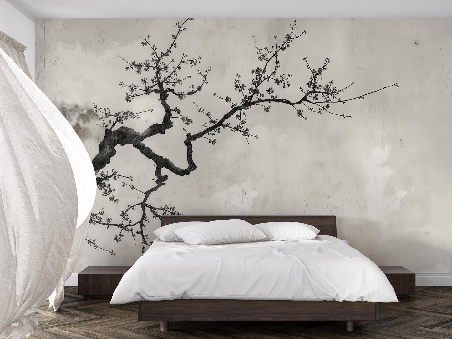 Japandi Cherry Blossom Wall Mural | Minimalist Nature Wallpaper Vn1041