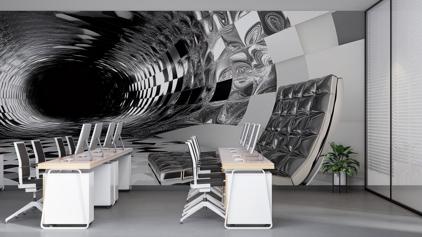3D Black Hole Optical Illusion Wall Mural | Modern Office Decor | Trippy Vortex Art Wallpaper | Futuristic Interior Accent Vn574