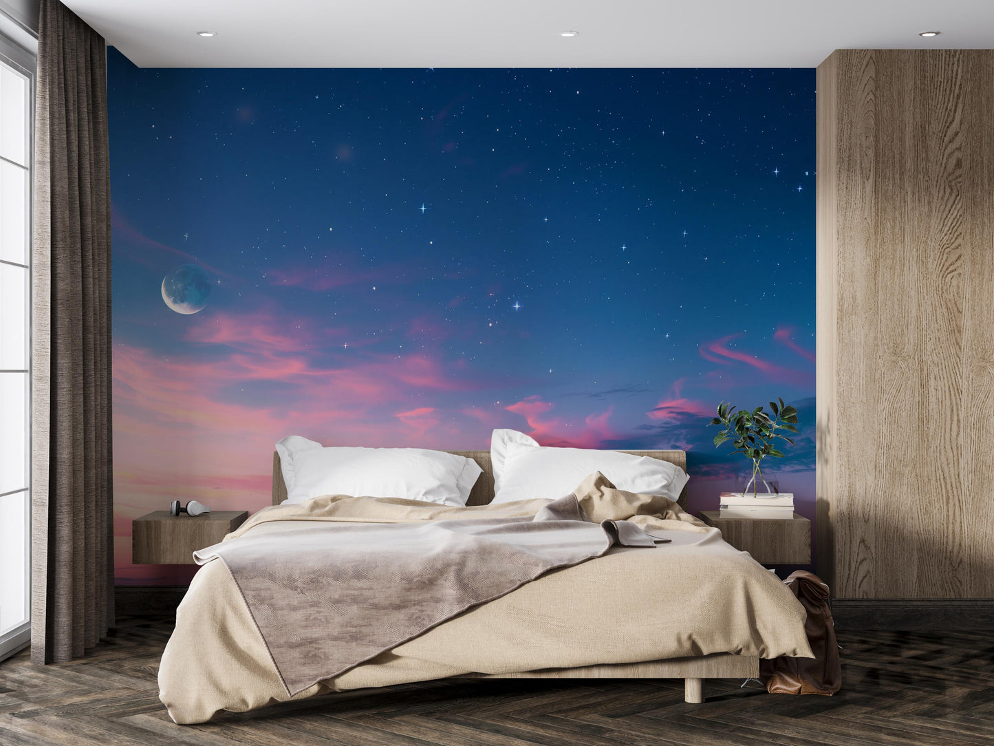 Moonlight Sky Wall Mural – Pink Sunset Clouds & Starry Night Wallpaper, Celestial Accent Wall Decor for Bedroom or Living Room Vn1079