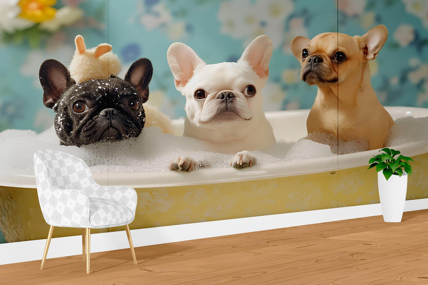 French Bulldog Bathtime Wall Mural – Cute Dog Bathroom Decor, Playful Pet Art for Dog Lovers, Whimsical Animal Wallpaper Vn672