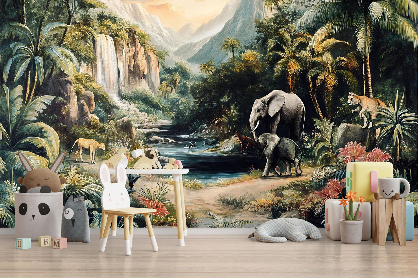 Safari Waterfall Jungle Wall Mural – Wildlife Animal Nursery Adventure Wallpaper Vn834