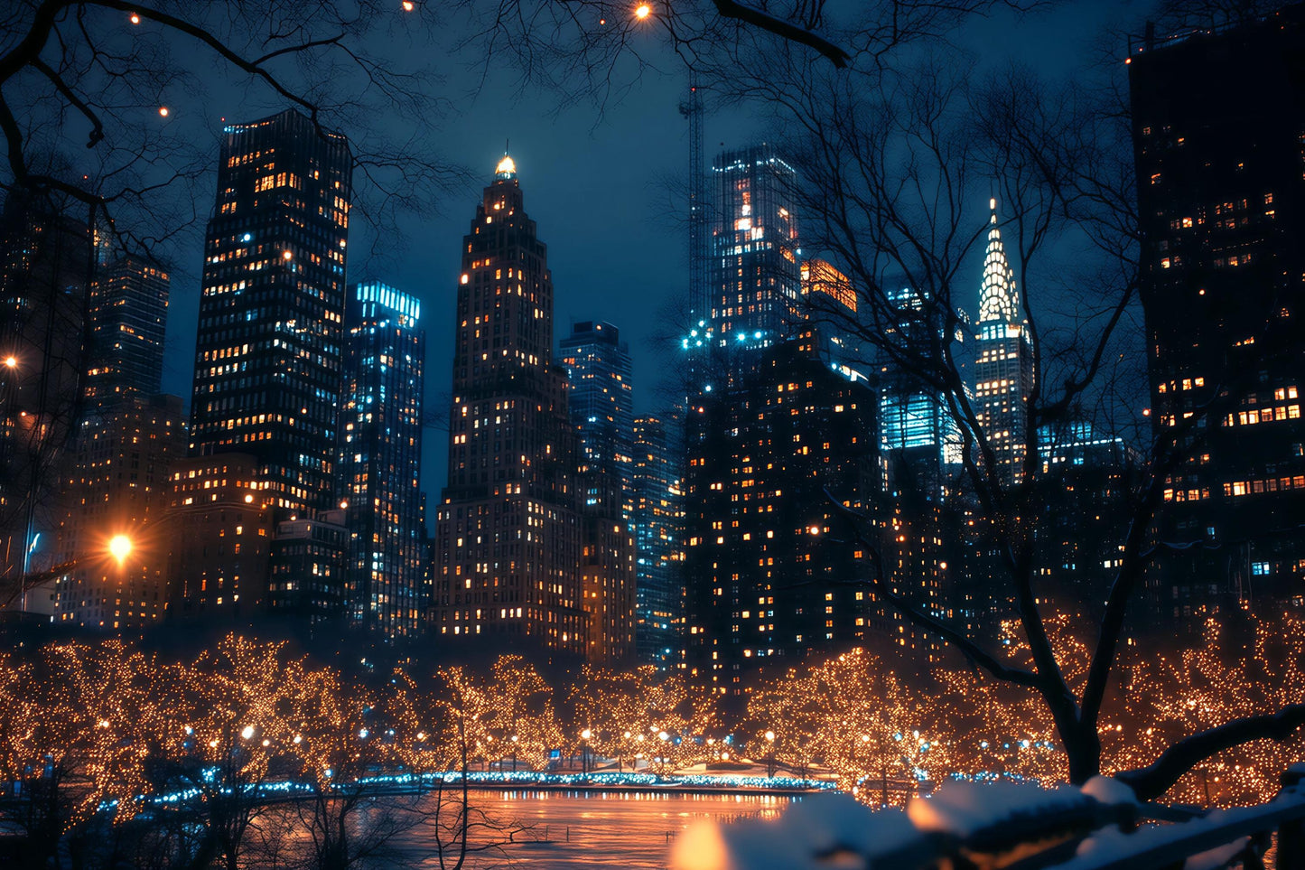 NYC Skyline Wall Mural – Night City Wallpaper with Lights for Bedroom Decor Vn895