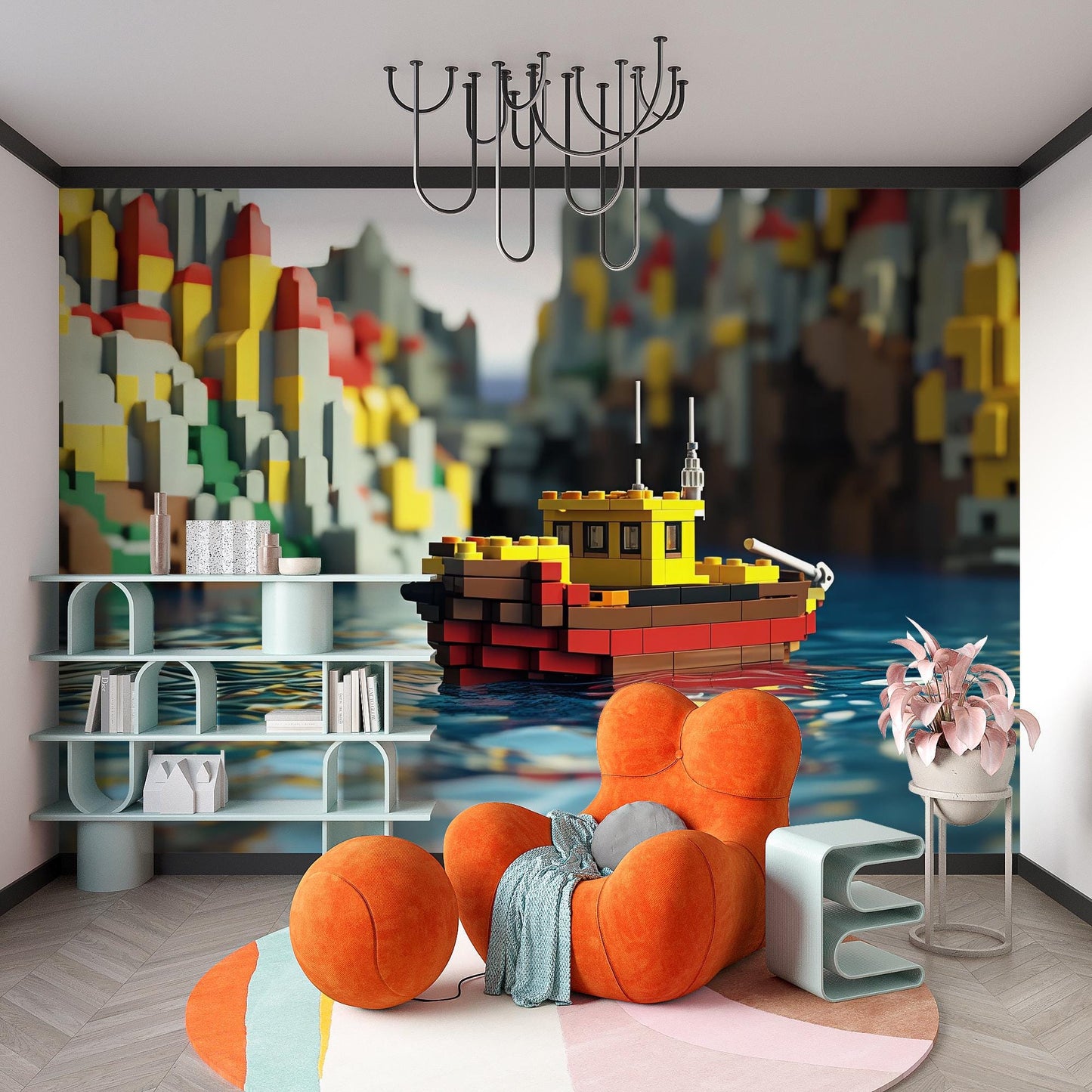 Lego Toy Boat Wall Mural | Kids Room Nautical Decor | Colorful Ocean Theme Wallpaper | 3D Playroom Art | Boys Girls Nursery Print Vn593